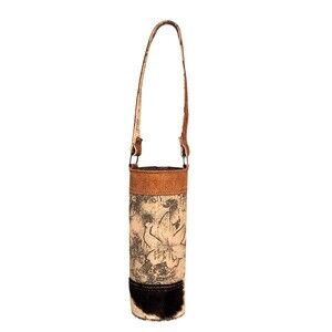 Myra Bags Wine Bottle Carrier Brown Leather Cowhide & Gray Floral Print Canvas